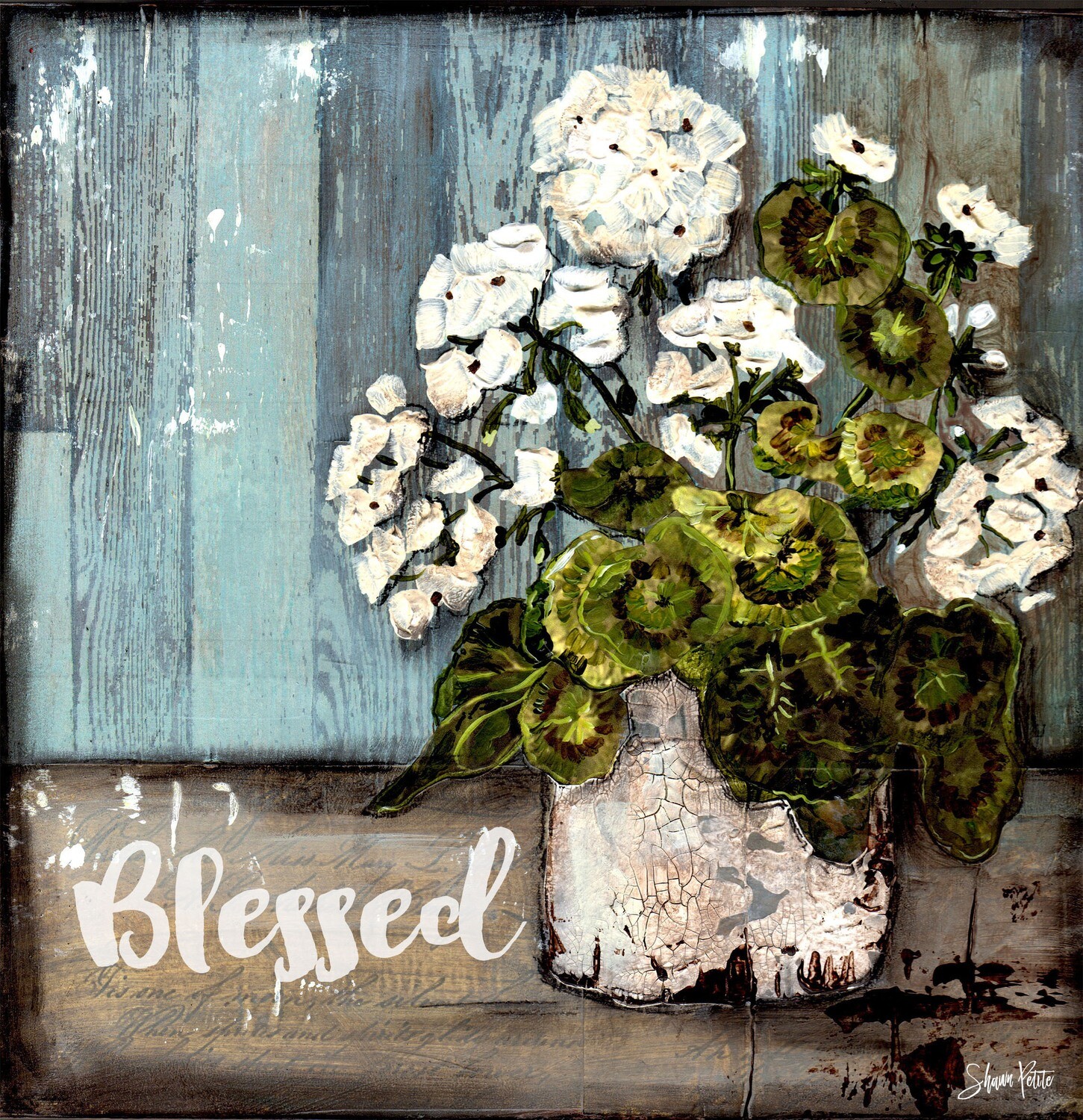 "Blessed" white geranium print on Wood 8x8 Overstock