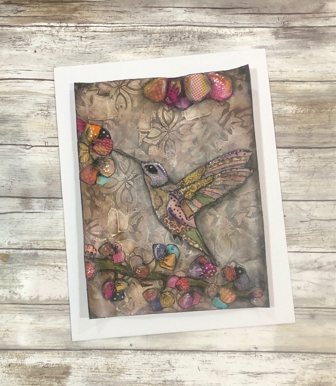 "Feathered Friends" happy hummingbird  11x14 mixed media original to be framed. Clearance