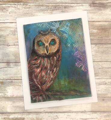 "Feathered Friends" majestic owl  11x14 mixed media original to be framed. Clearance