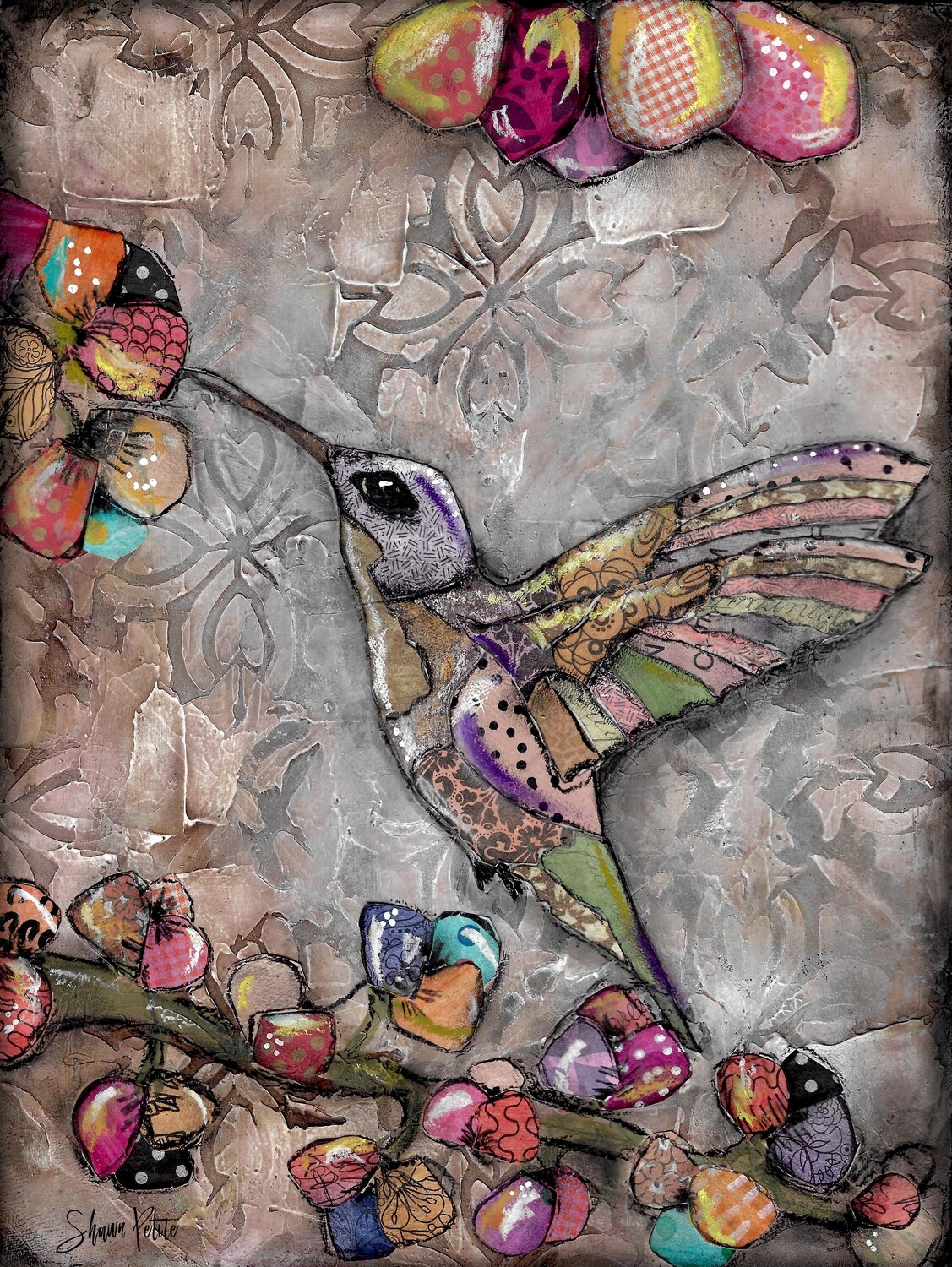 "Feathered Friends" happy hummingbird Print on Wood and Print to be Framed