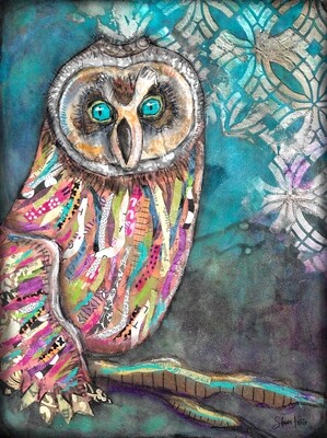 "Feathered Friends" colorful Owl teal Print on Wood and Print to be Framed