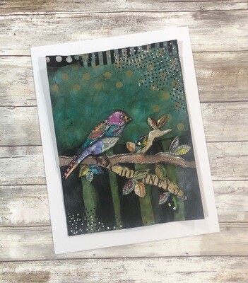 "Feathered Friends" journey bird 11x14 mixed media original to be framed. Clearance