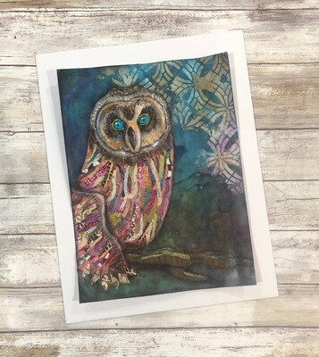 "Feathered Friends" colorful owl 11x14 mixed media original to be framed Clearance