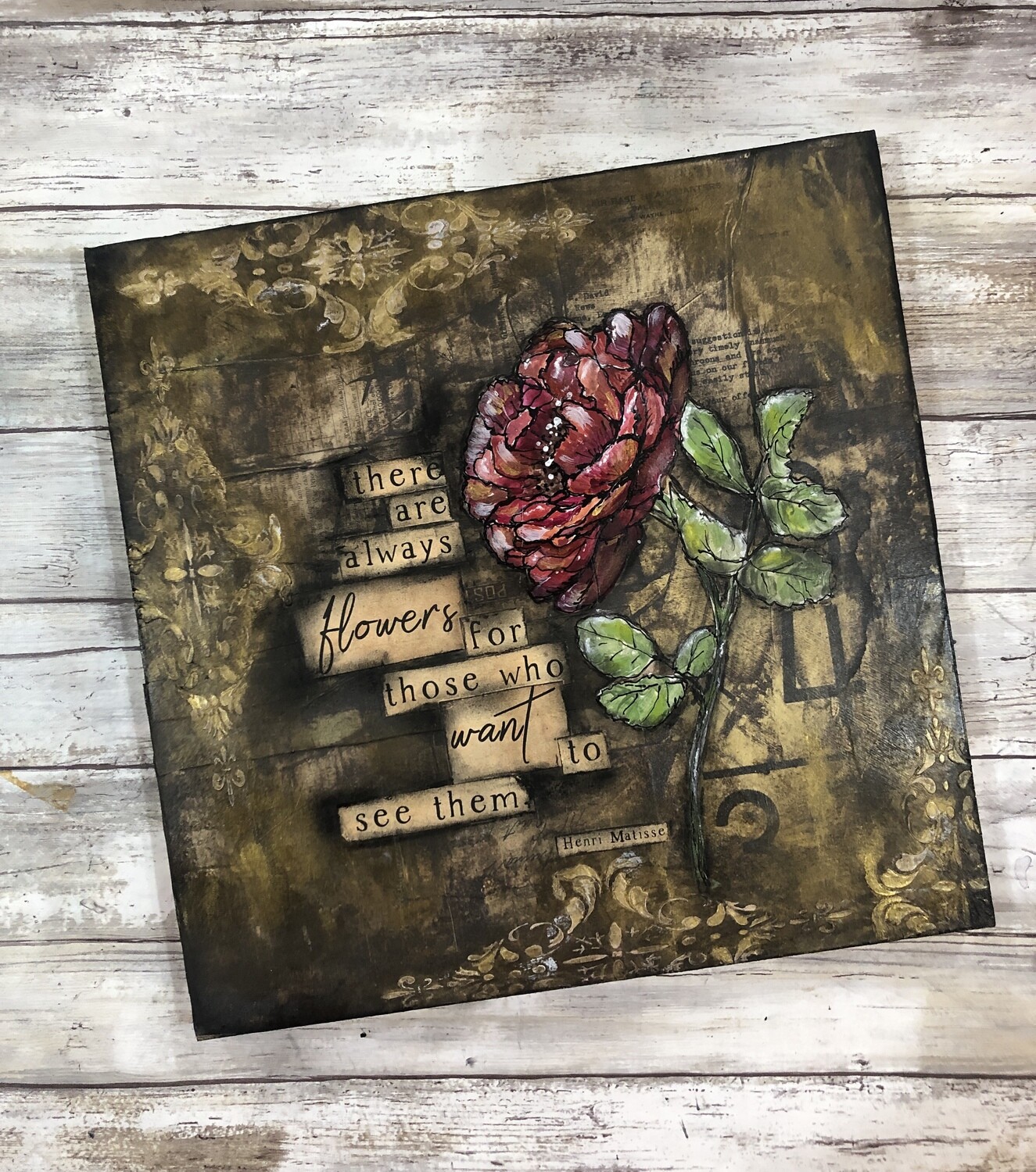 "Gilded Rose" mixed media original 12x12 Clearance