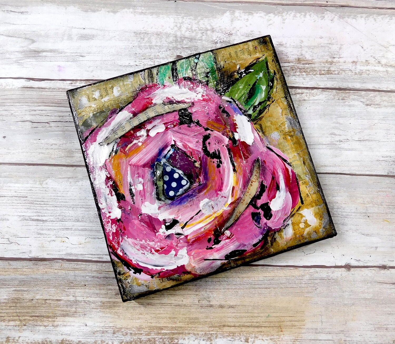 Collage flowers 5 large pink with polka dot 6x6 mixed media original clearance