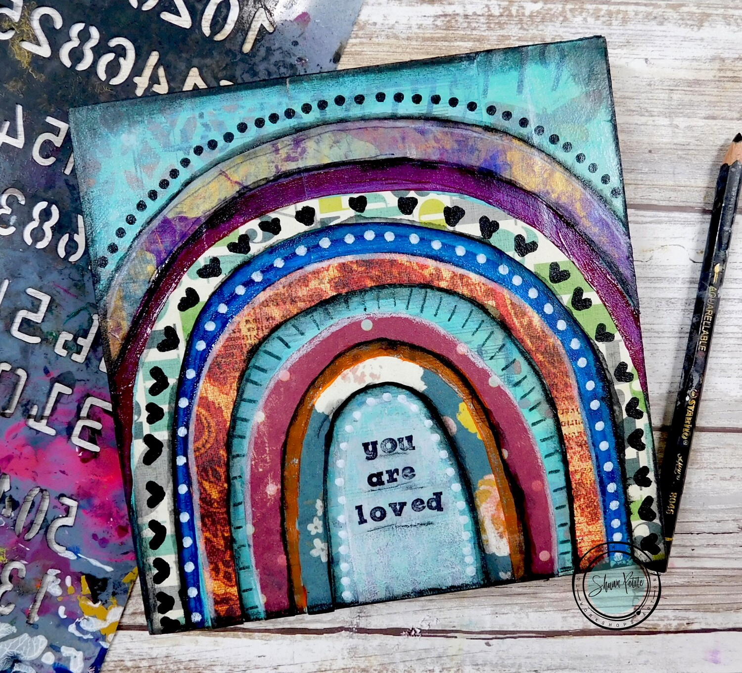 "You are loved" rainbow 6x6 mixed media original