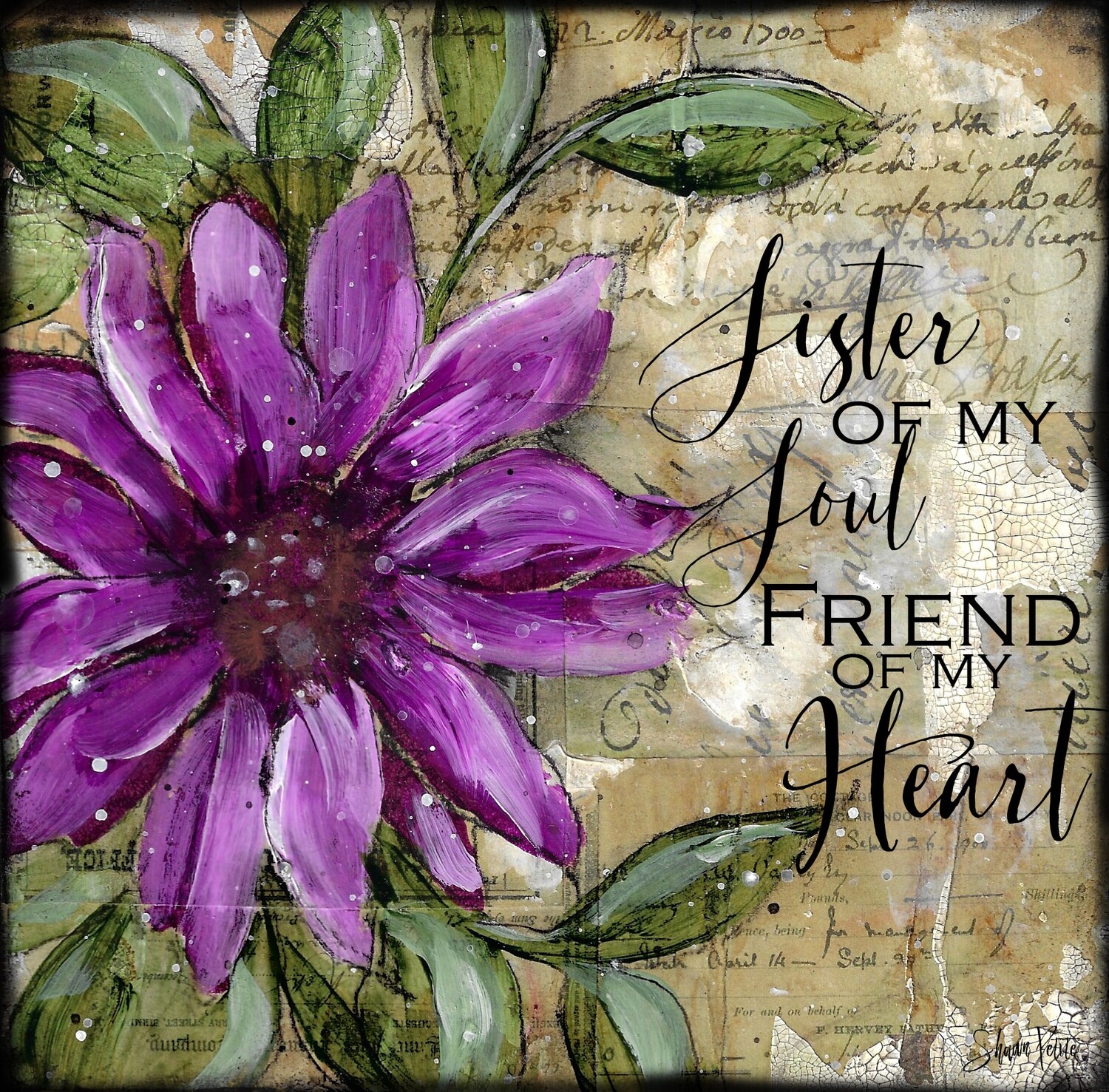 "Sister of my soul" purple flower Print on Wood and Print to be Framed