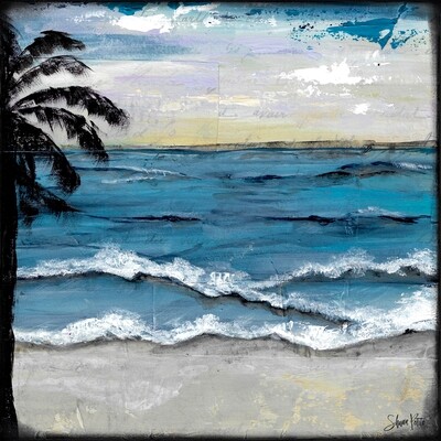 "Beach" 2 palm tree Print on Wood and Print to be Framed