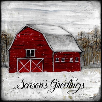 "Red barn" Season's Greetings Print on Wood and Print to be Framed