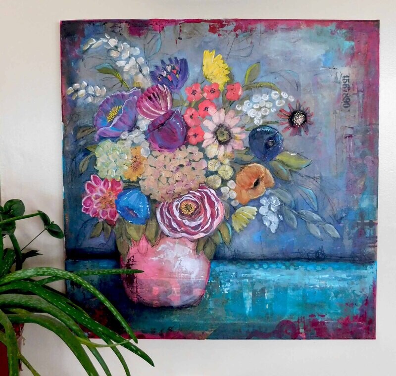 &quot;Blooming Beauty&quot; mixed media abstract floral 24x24 on canvas