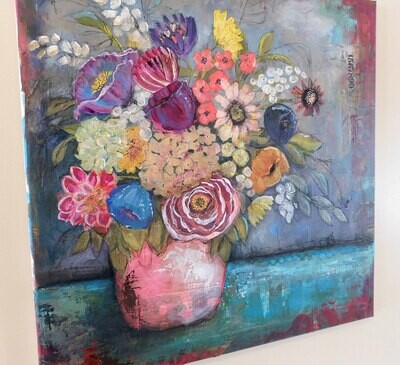 "Blooming Beauty" mixed media abstract floral 24x24 on canvas