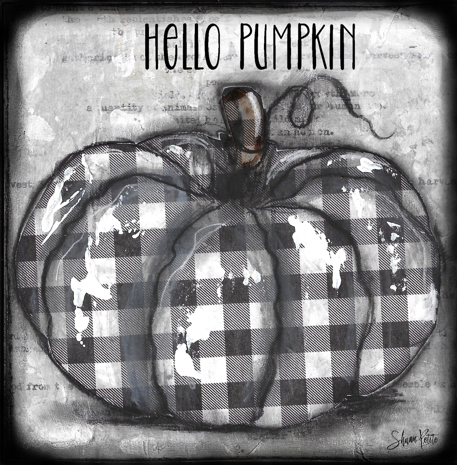 "Hello Pumpkin" black and white plaid round Print on Wood and Print to be Framed