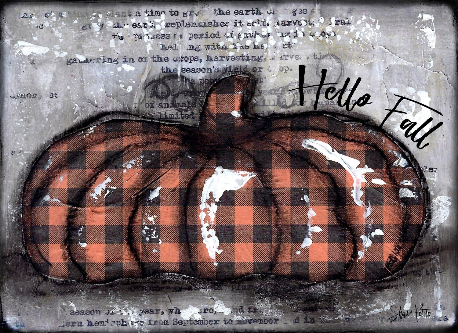 "Pumpkin hello fall" orange and black plaid round Print on Wood and Print to be Framed