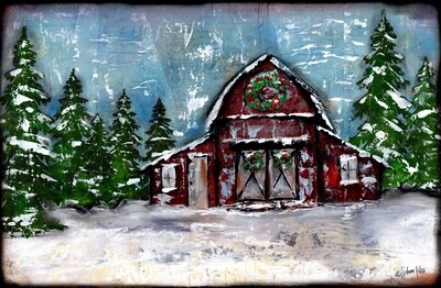 "Winter red Barn" Print on Wood and Print to be Framed