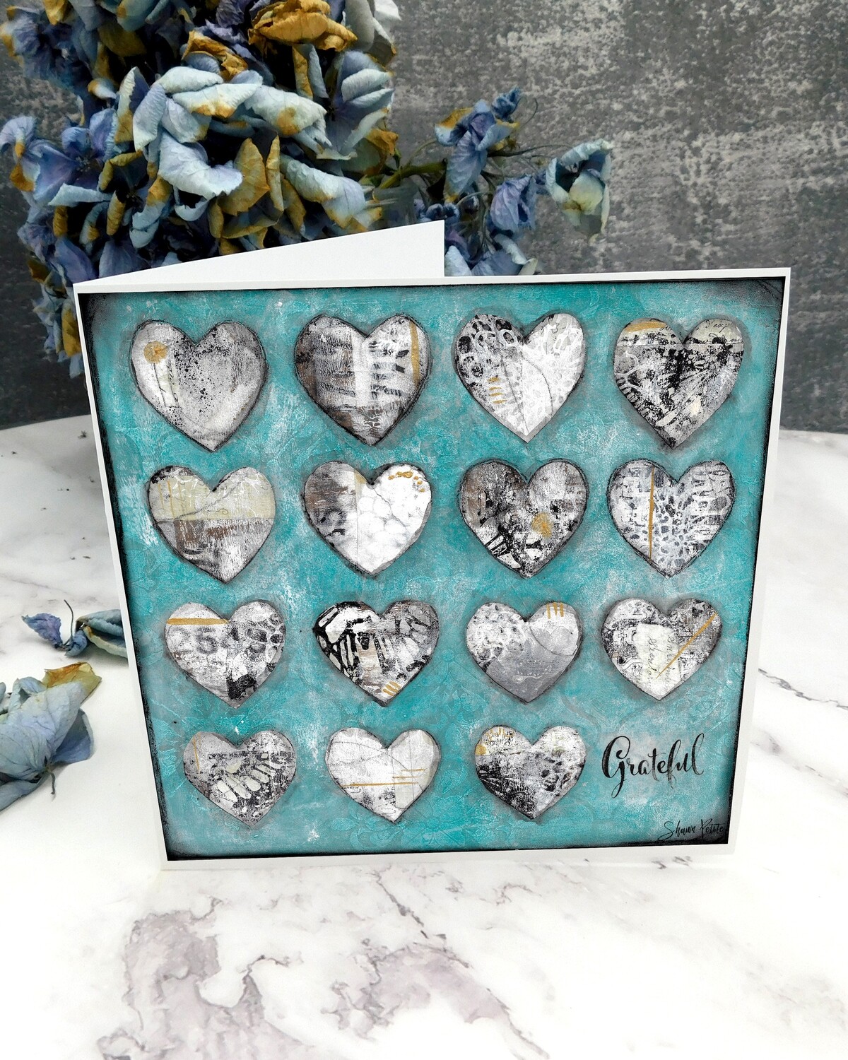 &quot;Grateful&quot; 6x6 hearts card