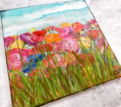 &quot;A walk in the sunlight&quot; floral mixed media 14x14 original canvas