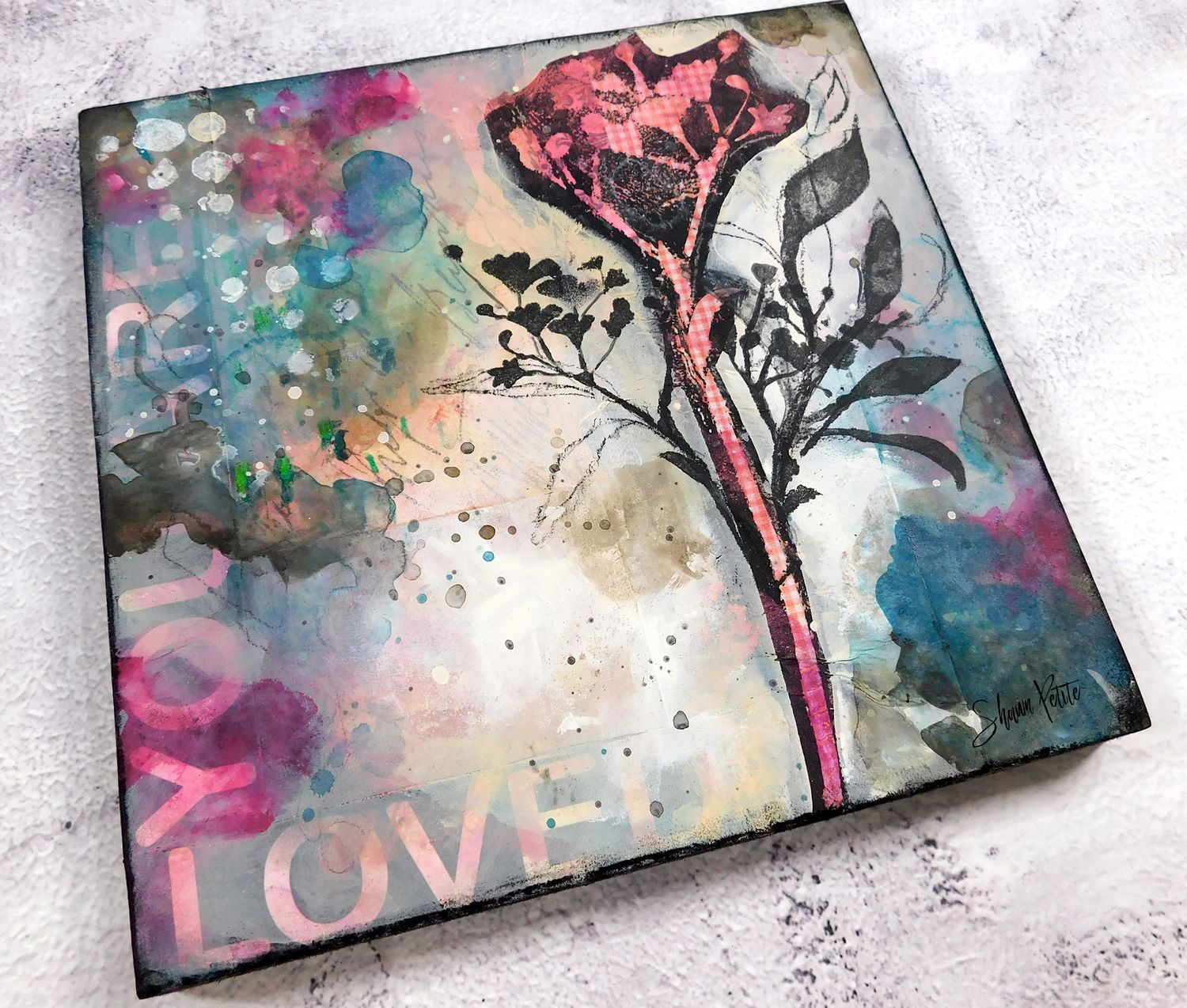 &quot;You are loved&quot; flower 8x8 mixed media original