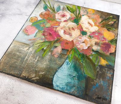 "Making space for beauty" floral mixed media 14x14 original canvas
