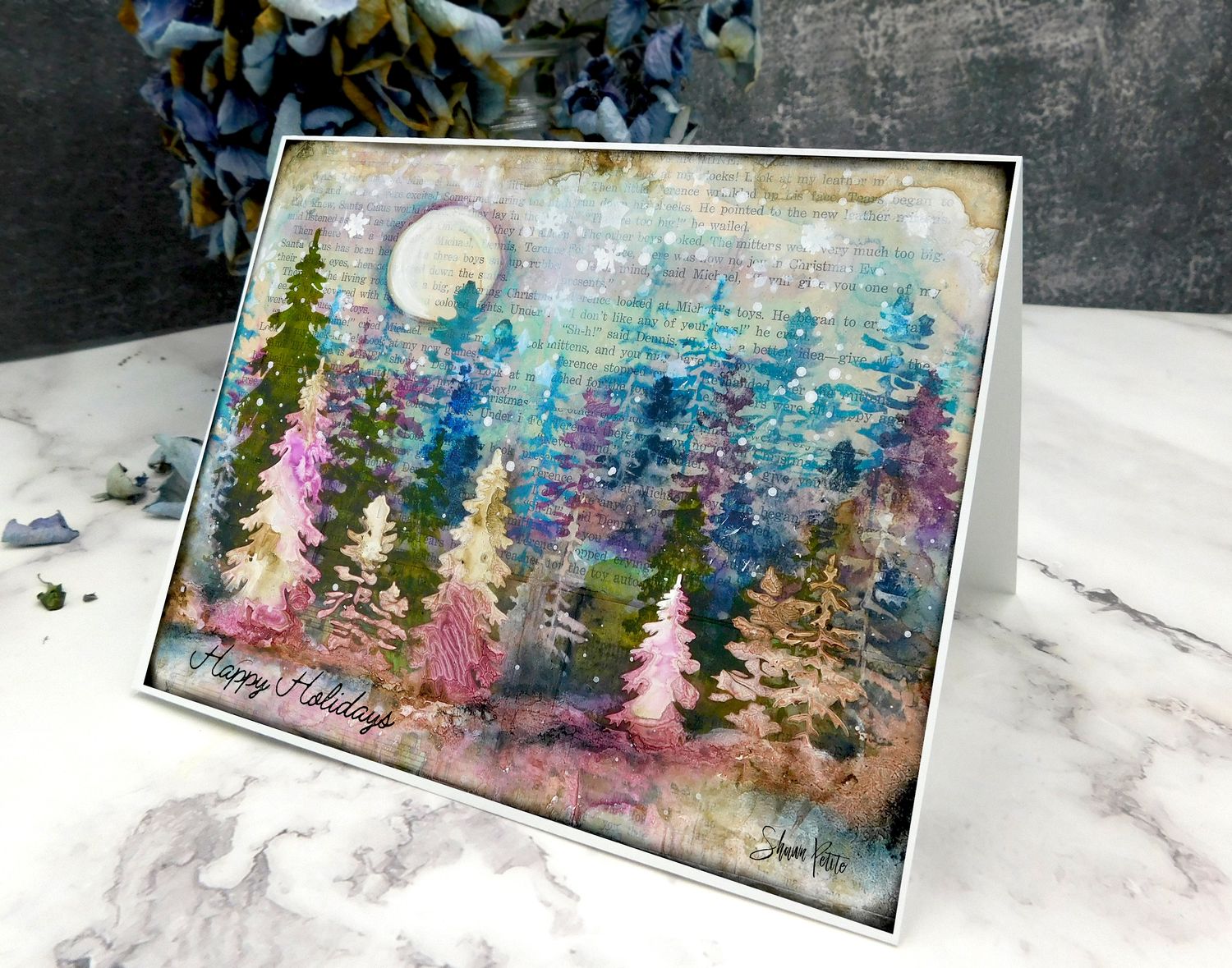 &quot;Happy Holidays&quot; colorful trees 7x5 card