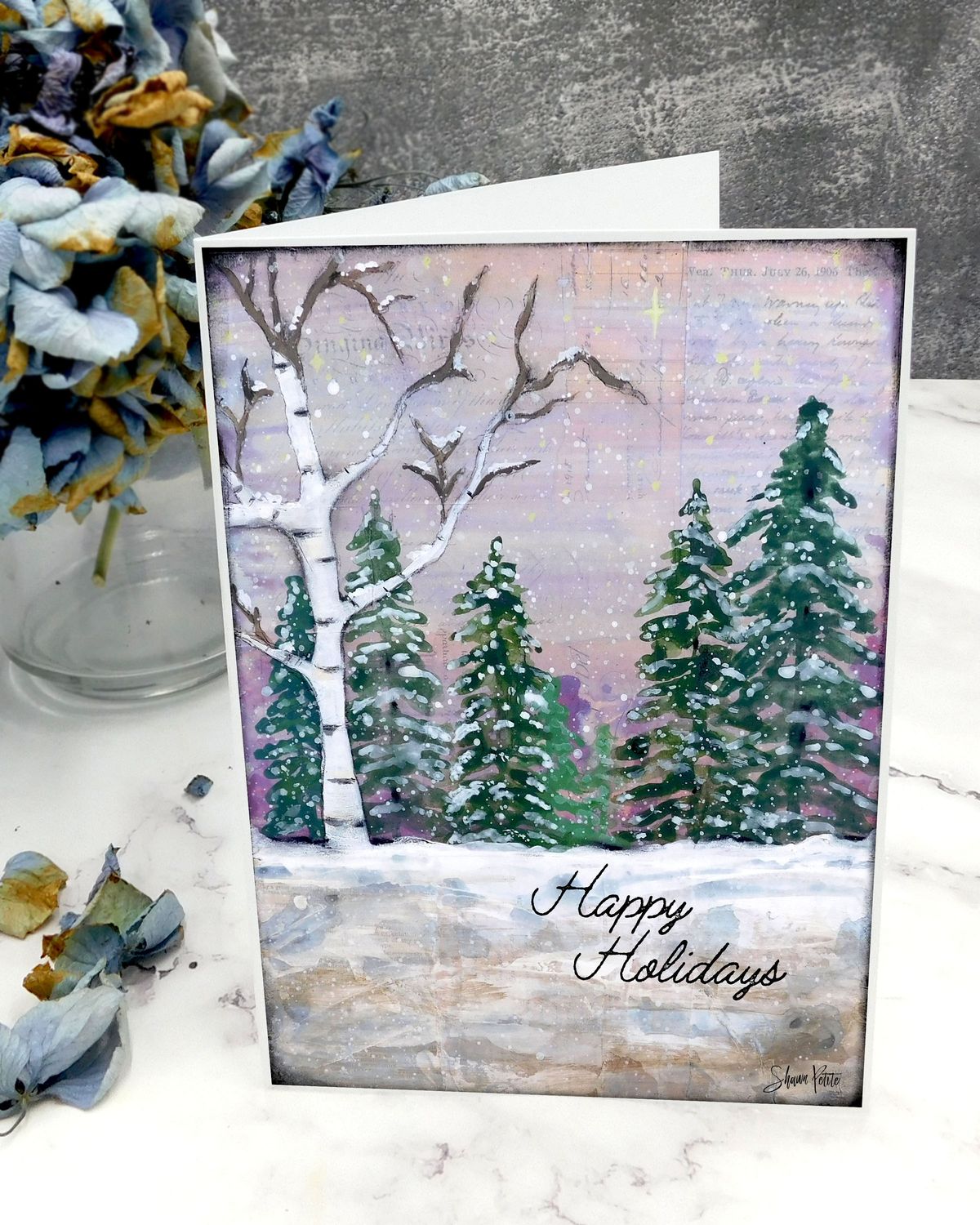 &quot;Happy Holidays&quot; white tree 5x7 card