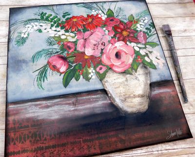 &quot;Winter Floral&quot; 20x16 mixed media original canvas