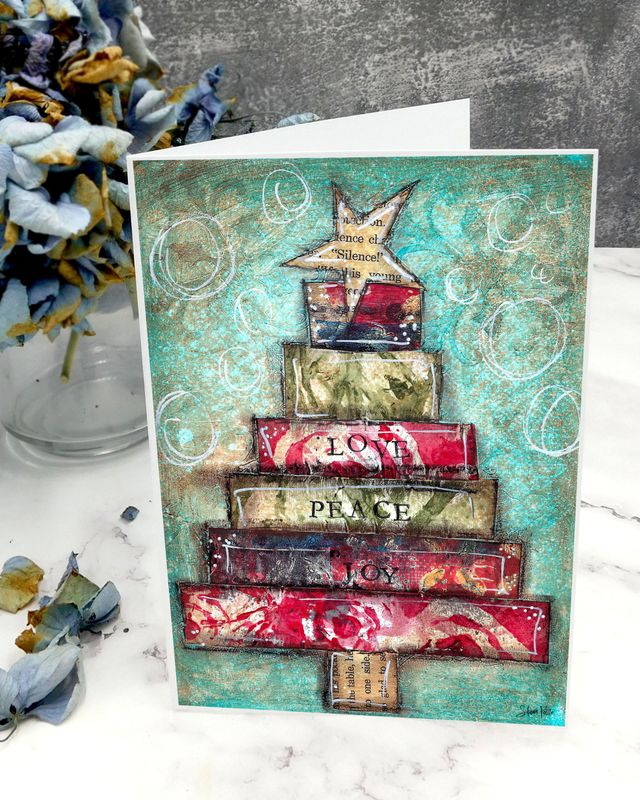 &quot;Love, Peace, and Joy&quot; Christmas tree 5x7 card
