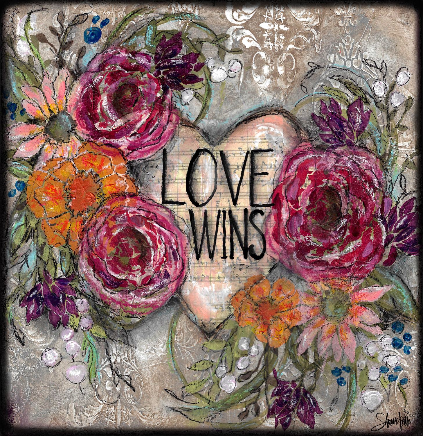 Love Wins, heart, and flowers digital instant download