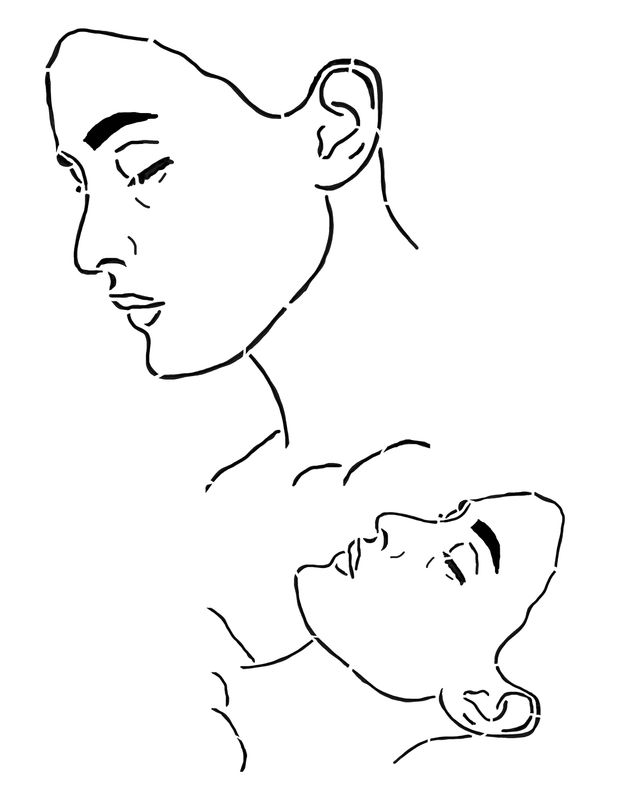 Faces 6 small side view looking down stencil 8x10
