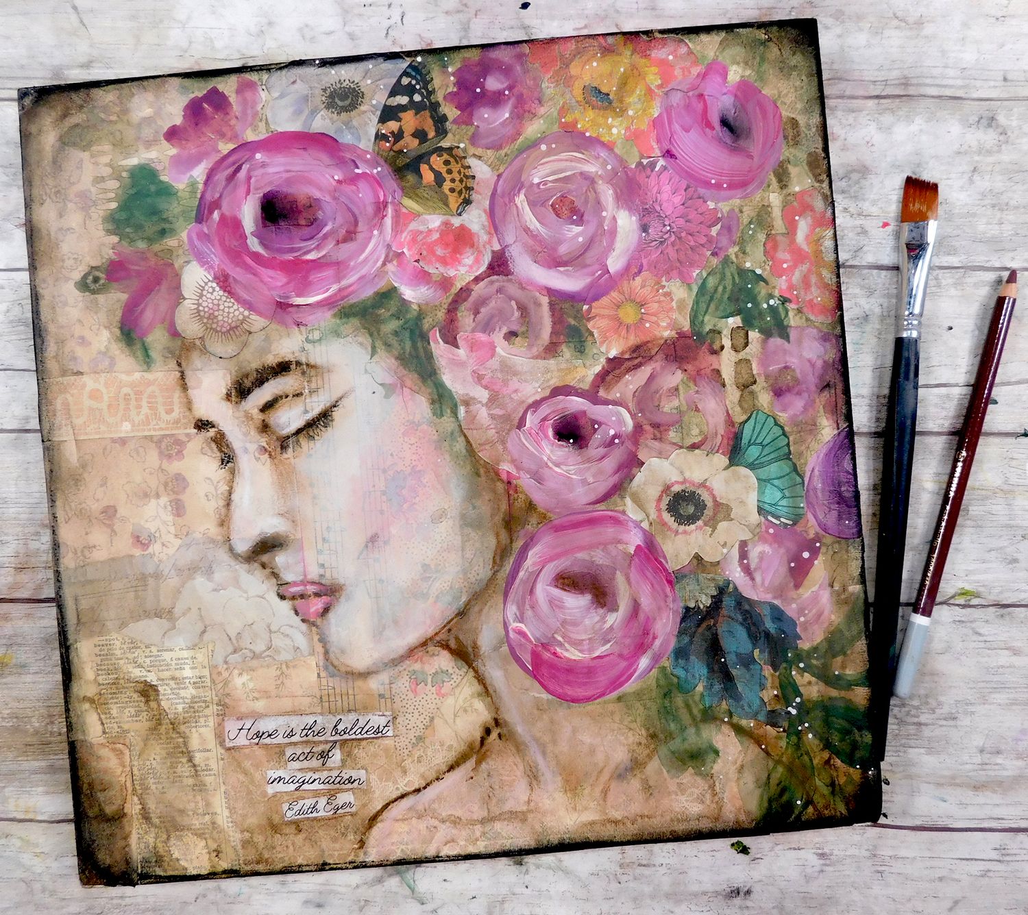 &quot;Hope is the boldest act of imagination&quot; floral portrait mixed media original 12x12