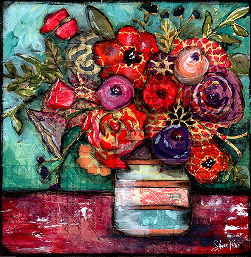 "Peace" Grungy bright flower vase Print on Wood and Print to be Framed