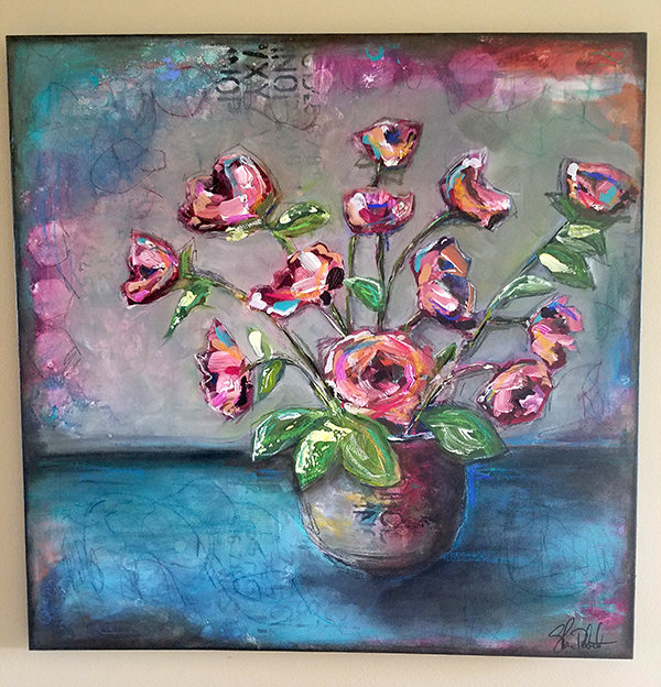 "Moody" mixed media abstract floral 24x24 on canvas