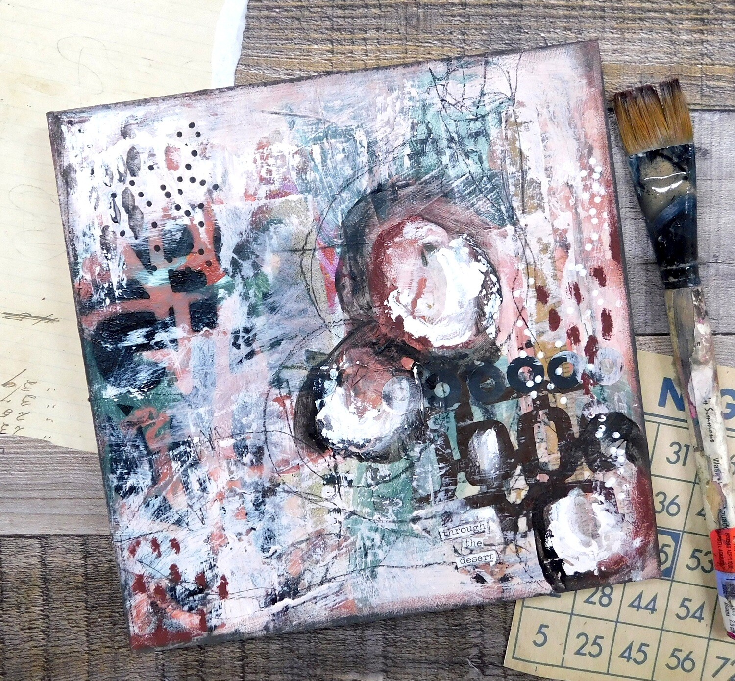 "Through the desert" 8x8 mixed media original on birchwood