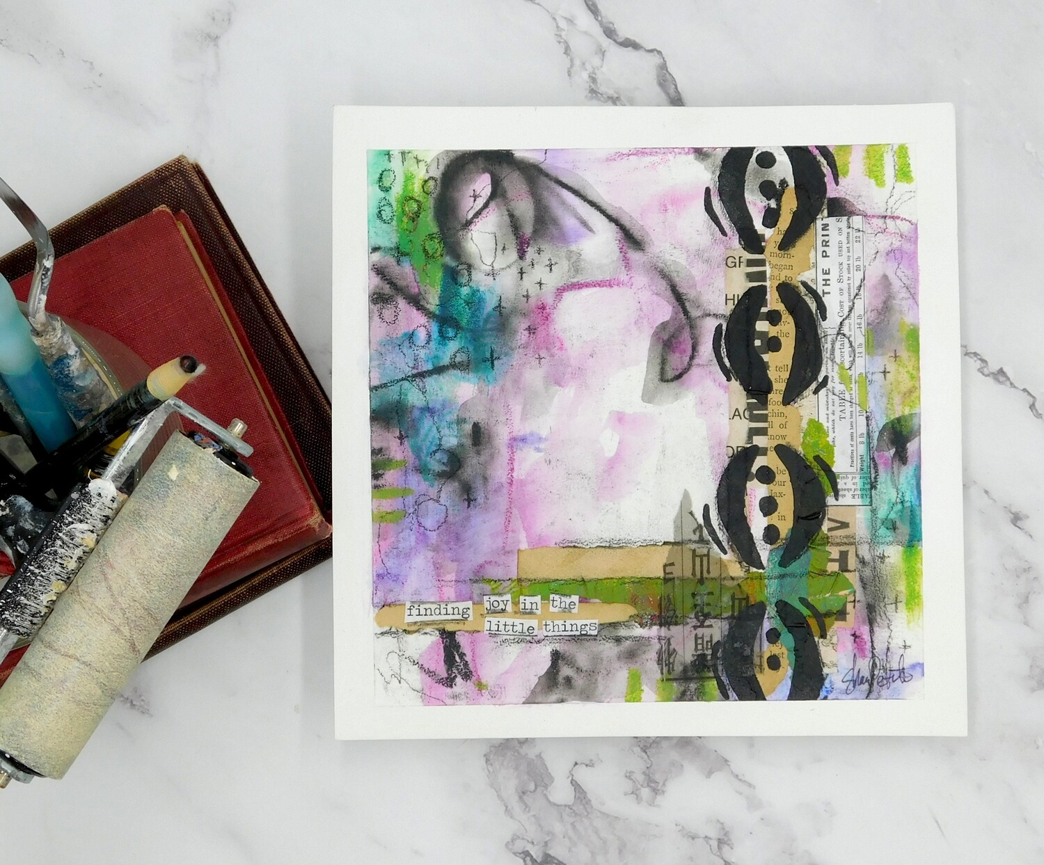 "Finding joy in the little things" abstract 8x8 mixed media original to be framed