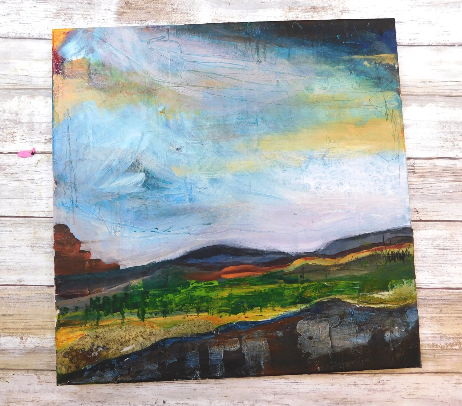 "Off the beaten path" landscape 14x14 mixed media original canvas