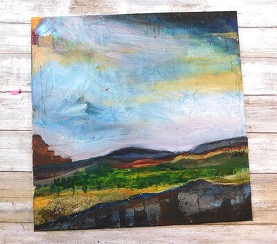 "Off the beaten path" landscape 14x14 mixed media original canvas