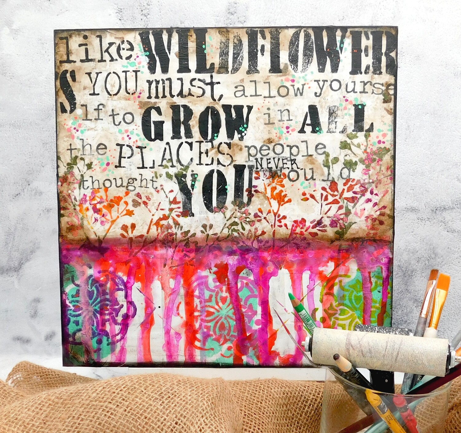 "Grow like a wildflower" mixed media original 12x12