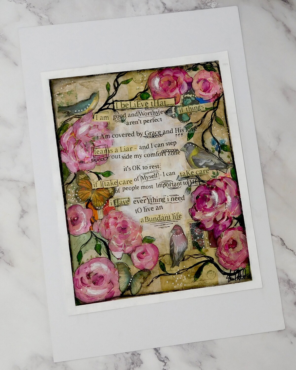 "I believe that" whimsey flowers 14x11 mixed media original to be framed