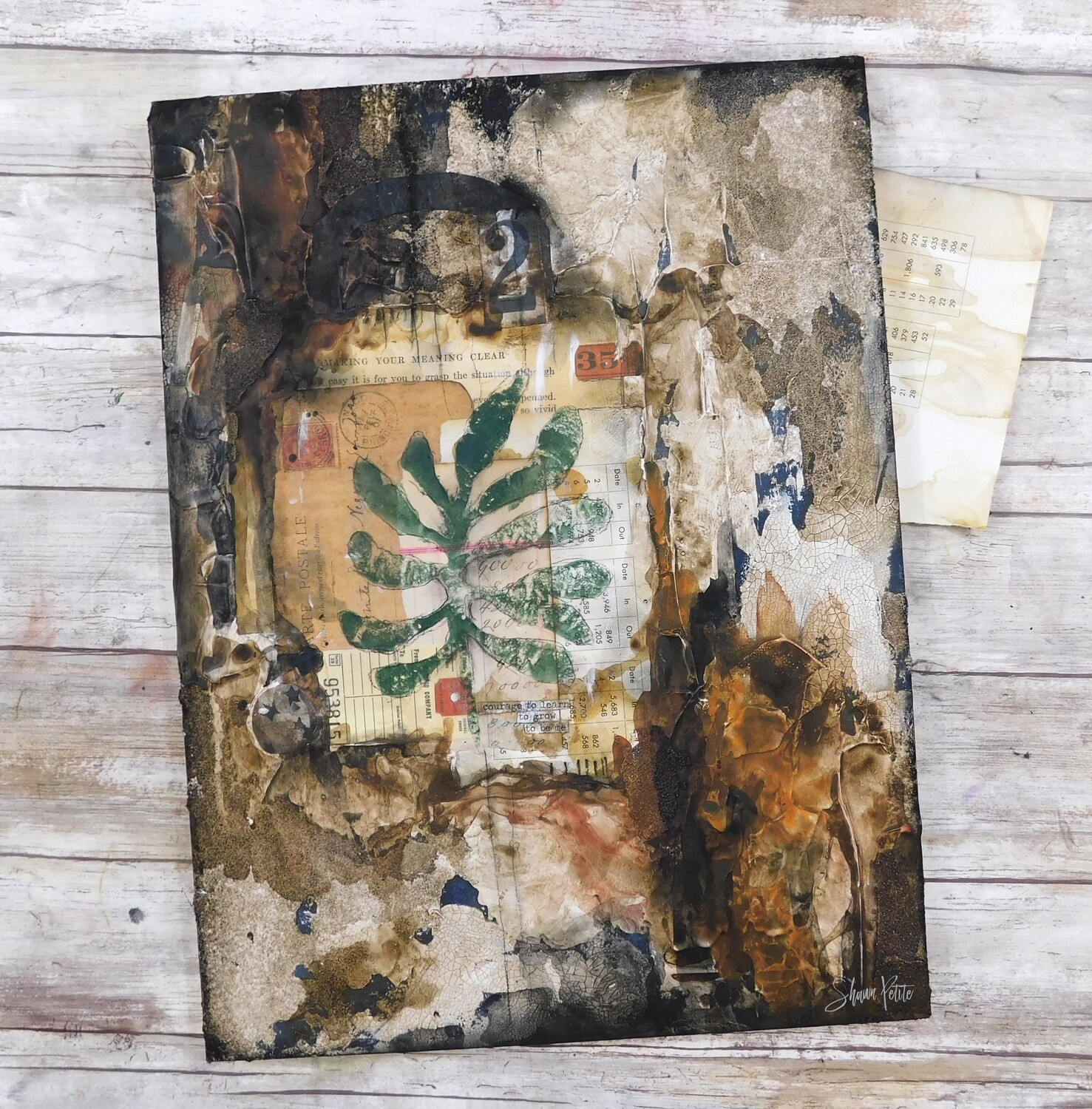 "Courage to learn, grow and be me" 12x16 mixed media original on Birchwood
