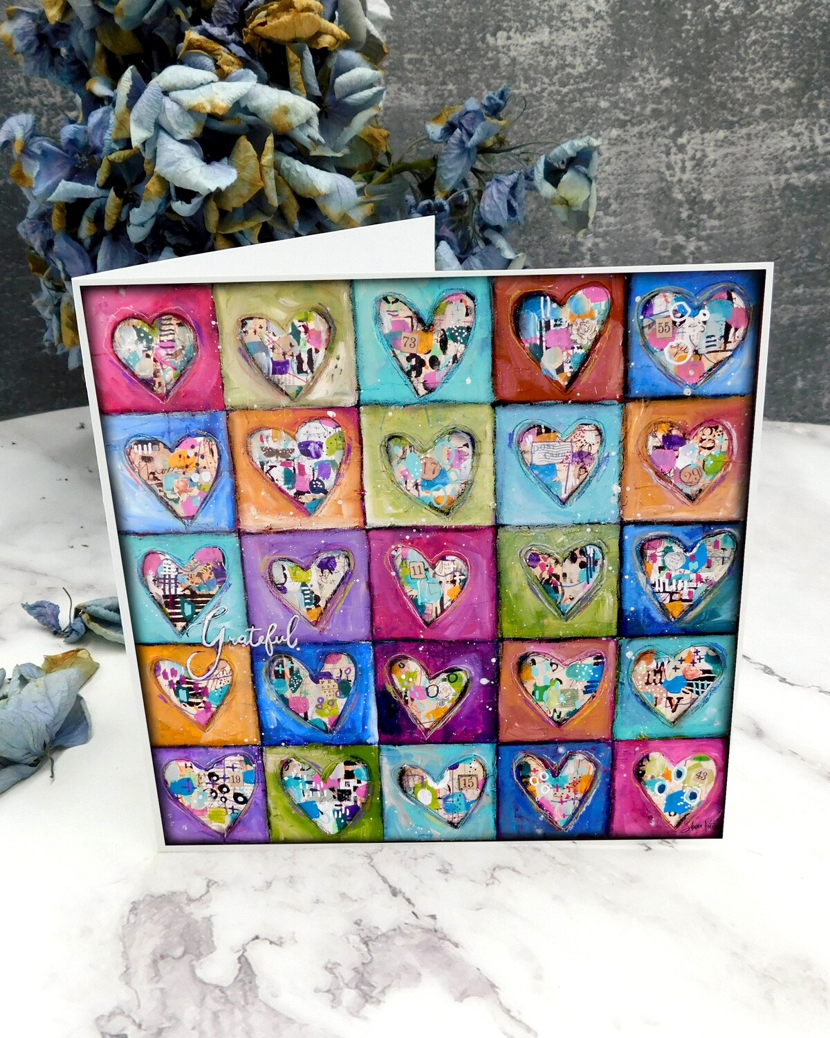 "Grateful" 6x6 multi colored hearts card