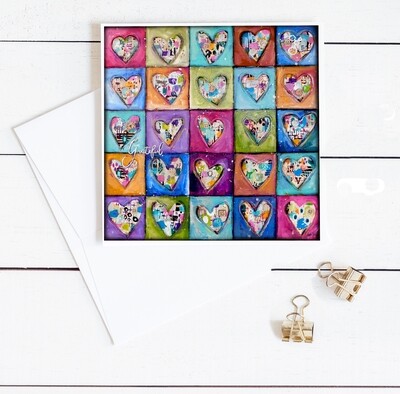 "Grateful" 6x6 multi colored hearts card