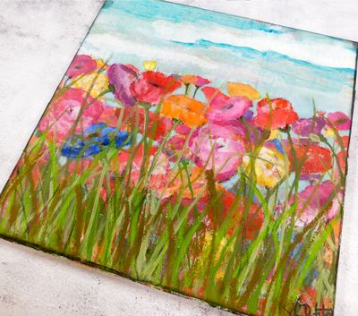 "A walk in the sunlight" floral mixed media 14x14 original canvas