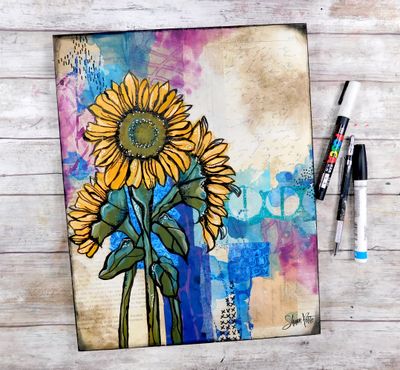 "Growing in the light" sunflower 11x14 mixed media original