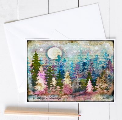 "Happy Holidays" colorful trees 7x5 card