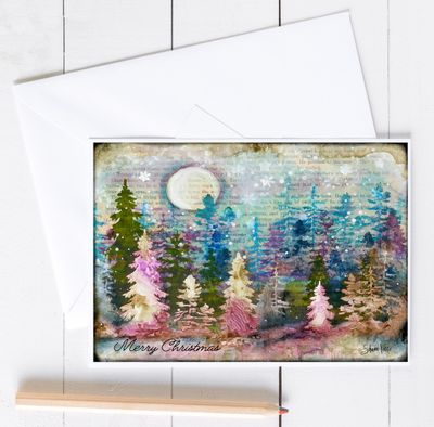 "Merry Christmas" colorful trees 7x5 card