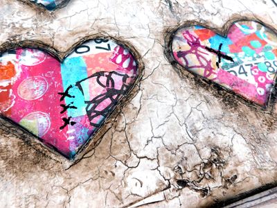 "Reflections of Love" hearts 16x16 mixed media original on birchwood