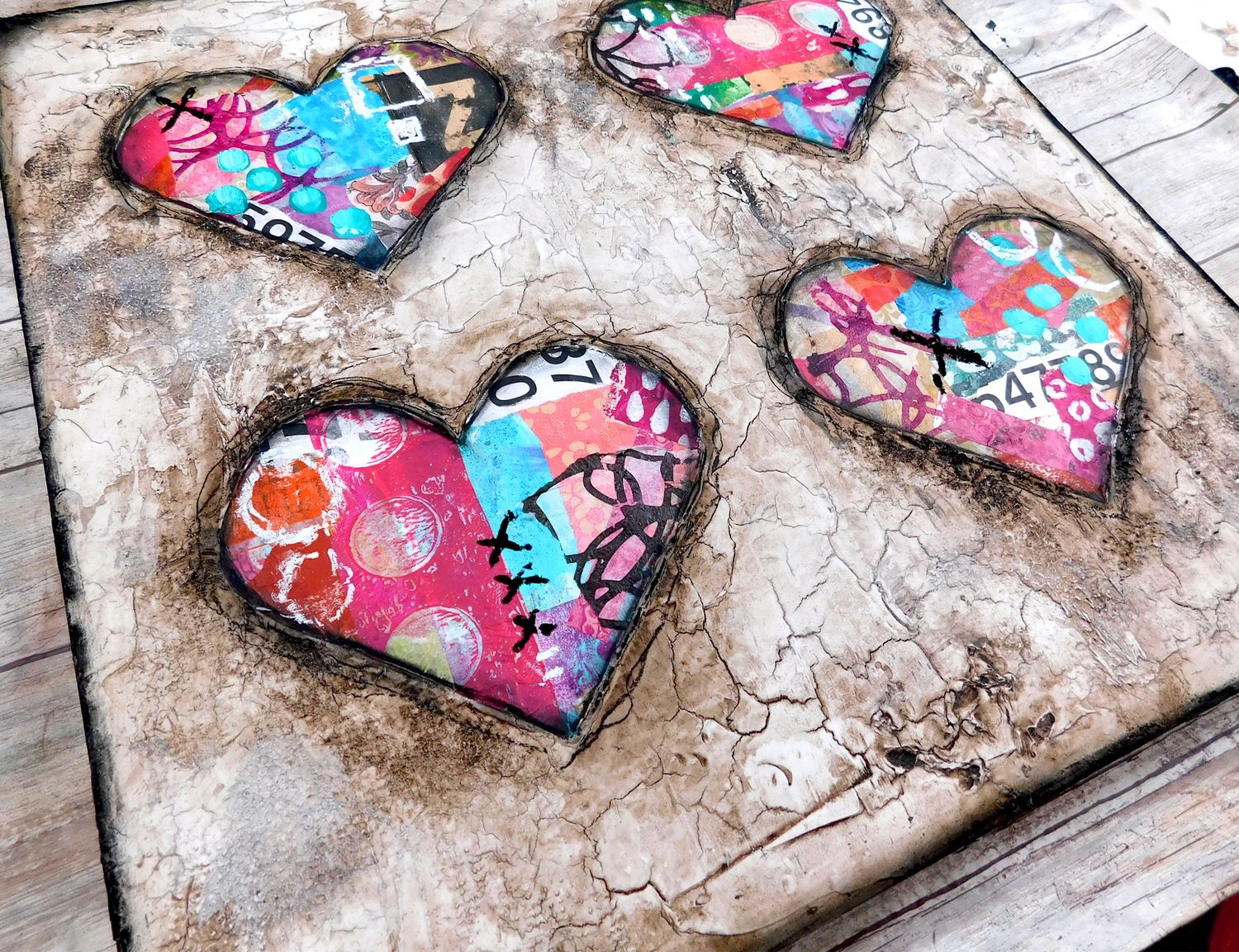 "Reflections of Love" hearts 16x16 mixed media original on birchwood