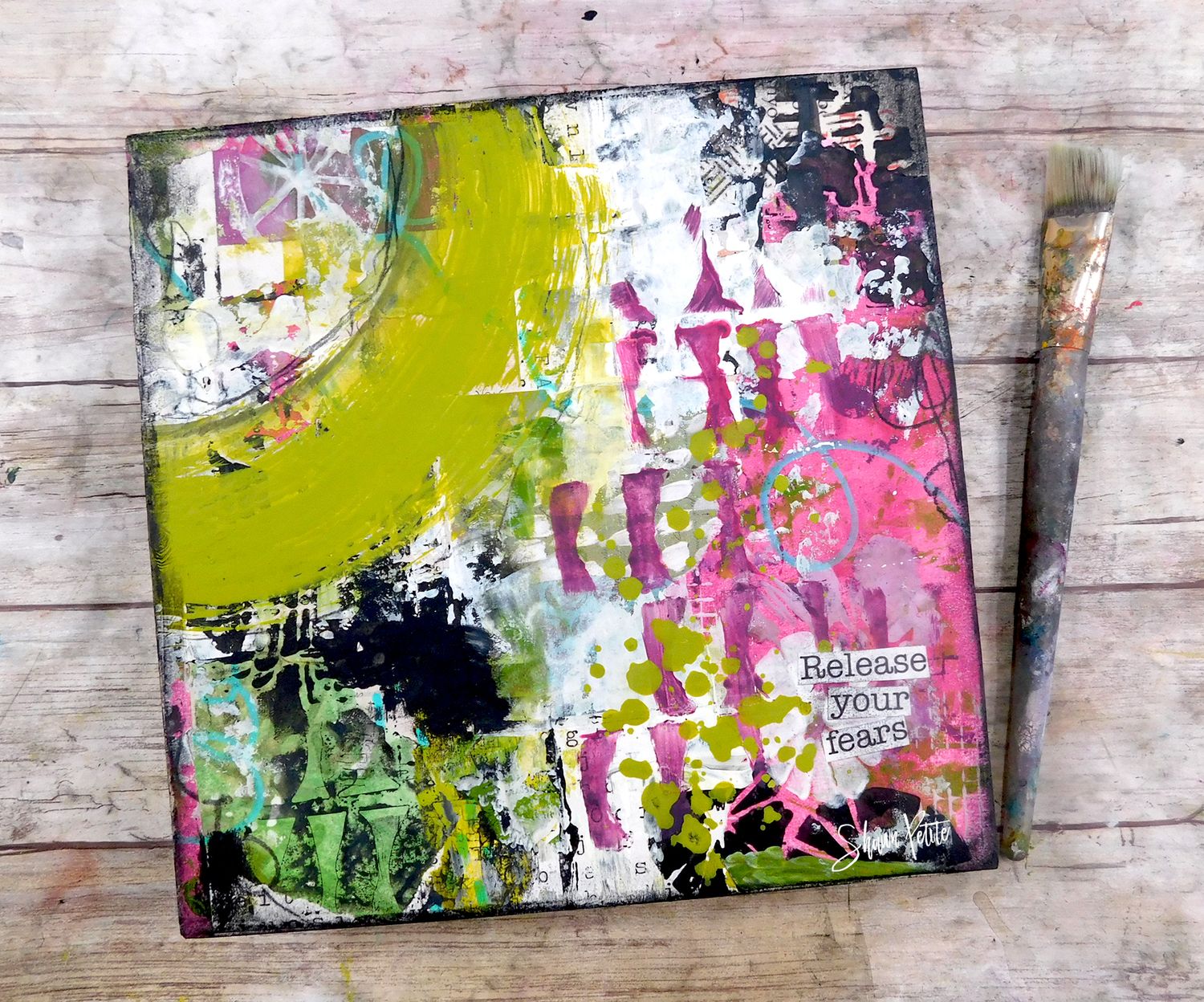 "Release Your Fears" 8x8 mixed media original on Birchwood