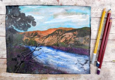 "Sienna Mountains" 10x8 mixed media original on birchwood