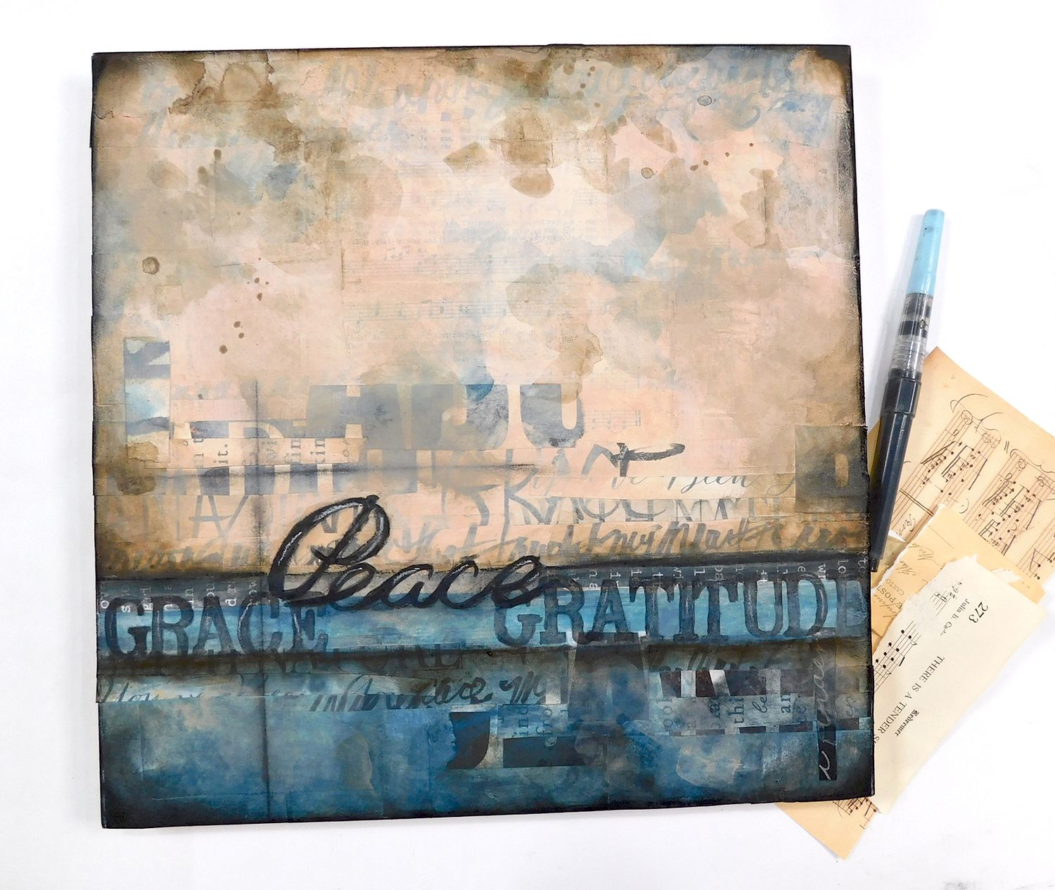 "Peace, Grace, Gratitude" 12x12 mixed media original on Birchwood