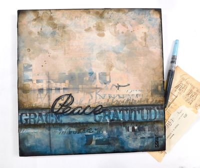 "Peace, Grace, Gratitude" 12x12 mixed media original on Birchwood